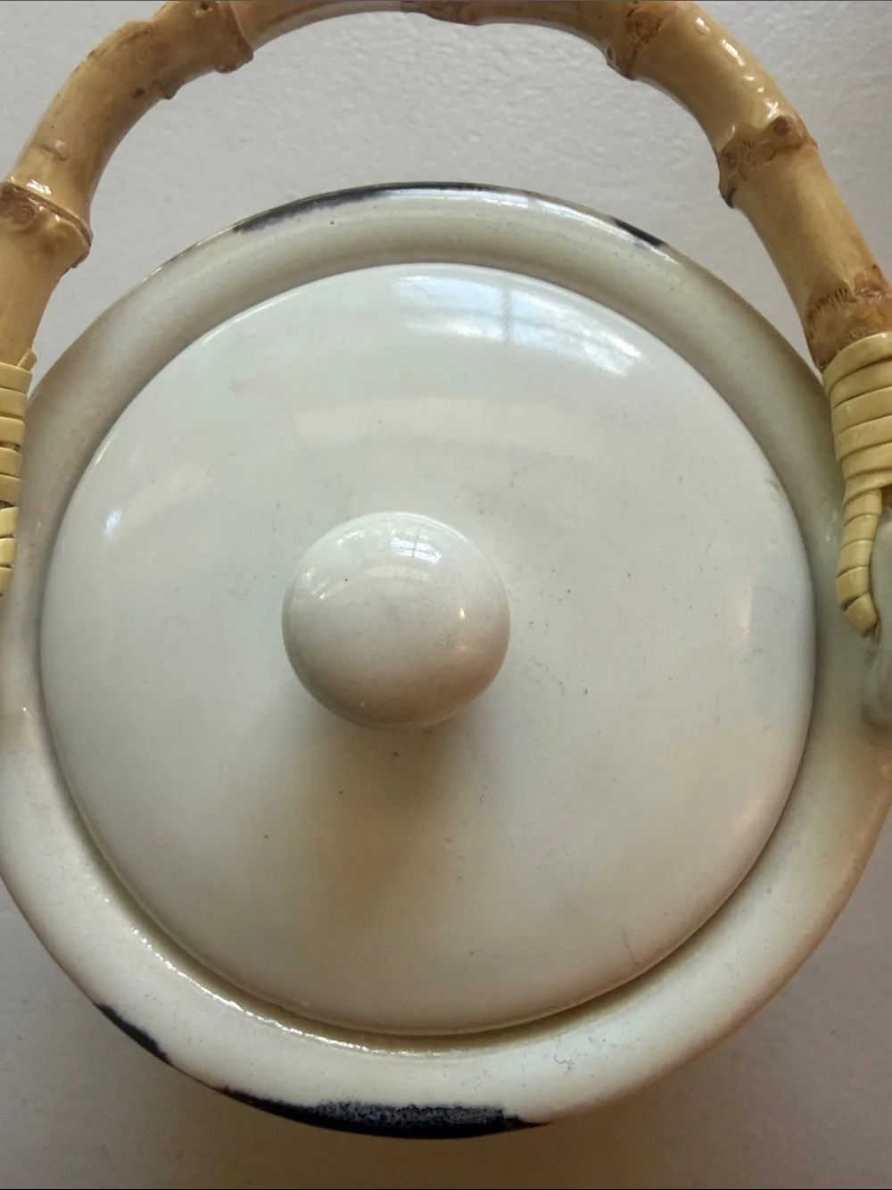 Cost Plus World Market Cream Ceramic Teapot with Bamboo Handle Dark Blue Accents